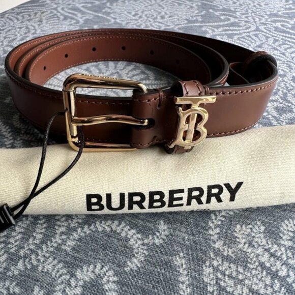 BURBERRY BELT LEATHER BROWN TAN TB THOMAS BURBERRY MONOGRAM LOGO WOMENS SZ LARGE - Picture 6 of 8